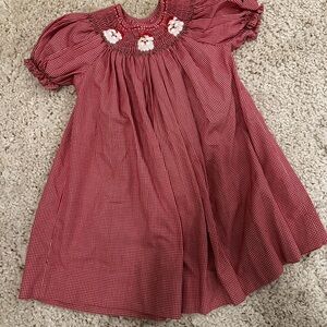 Red Gingham Smocked Dress with Floral Embroidery